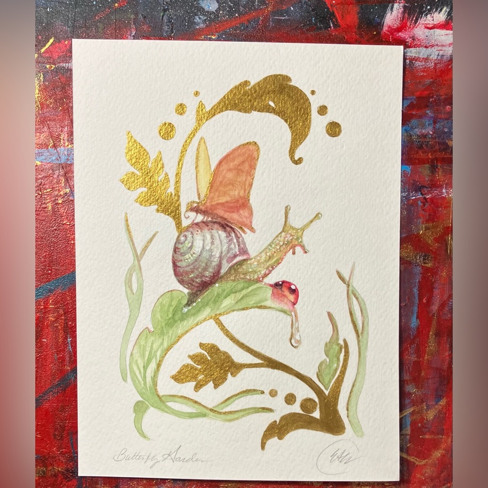 Original Art Butterfly Garden Snail Watercolor Painting Gold Accents Signed EAE